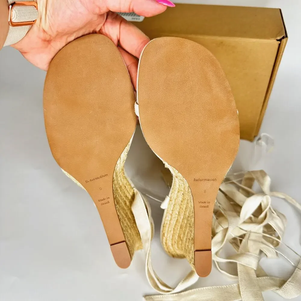 NWT Reformation Alessa Lace Up Cream Linen Wedge Espadrilles Shoes Size 9